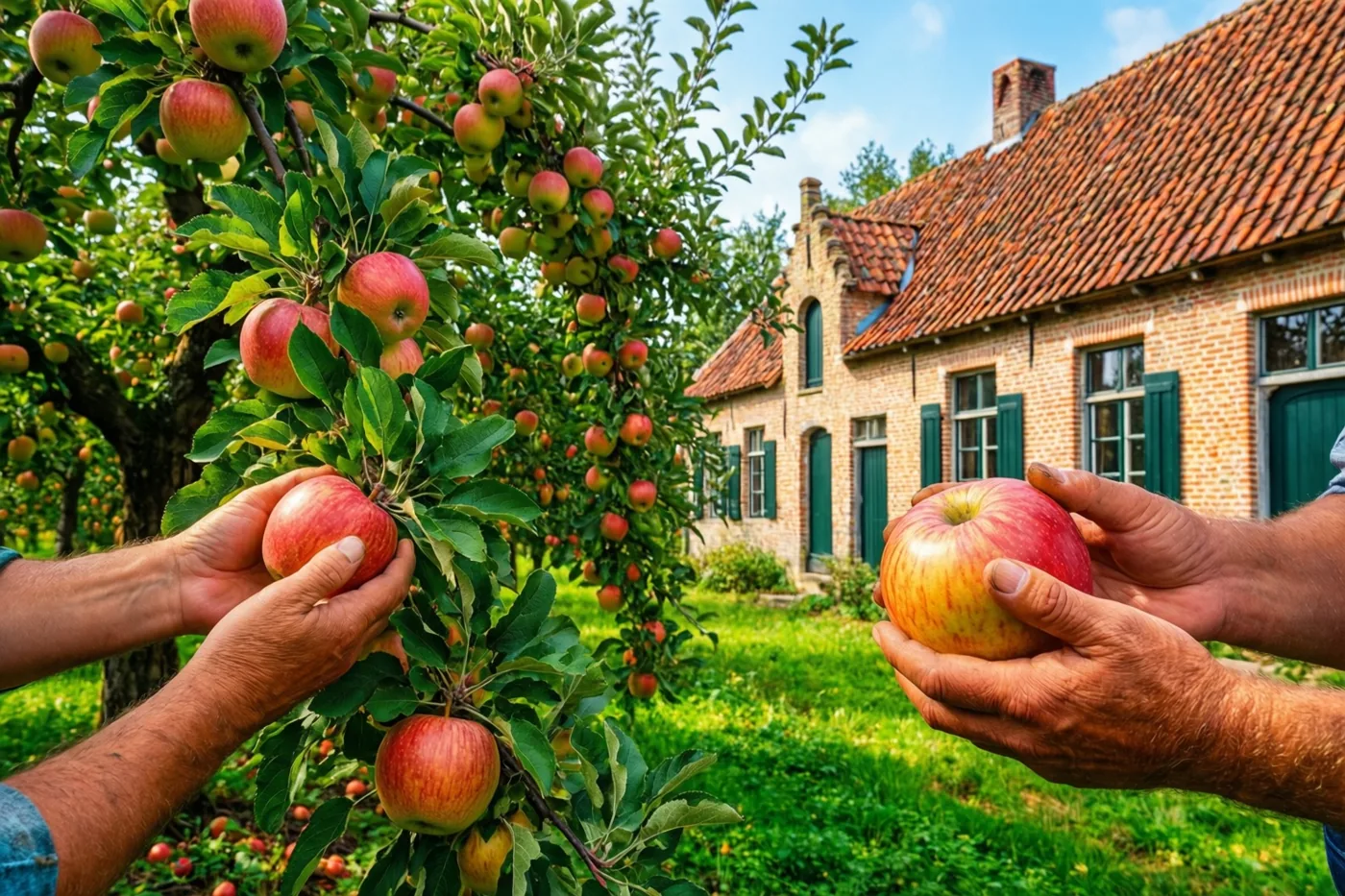 Twee paar handen plukken rijpe rode appels uit een groene appelboom, met een Vlaamse hoeve met rood pannendak en groene luiken onder een helderblauwe hemel op de achtergrond.