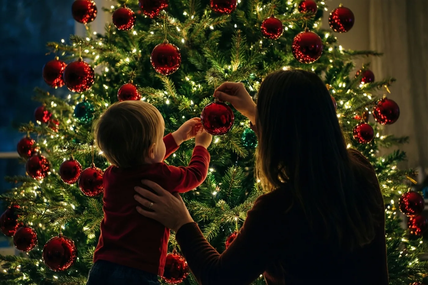 Een ouder en een klein kind hangen samen rode kerstballen in een verlichte kerstboom, van achteren gezien in warm licht met rode, groene en witte tinten.