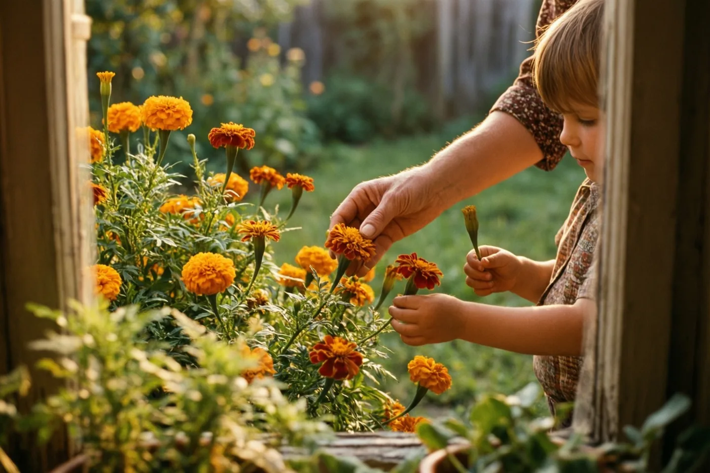 Een moeder en kind plukken samen bloemen in een tuin, in zacht goudkleurig licht en vervaagde kleuren die aan een oude foto doen denken.