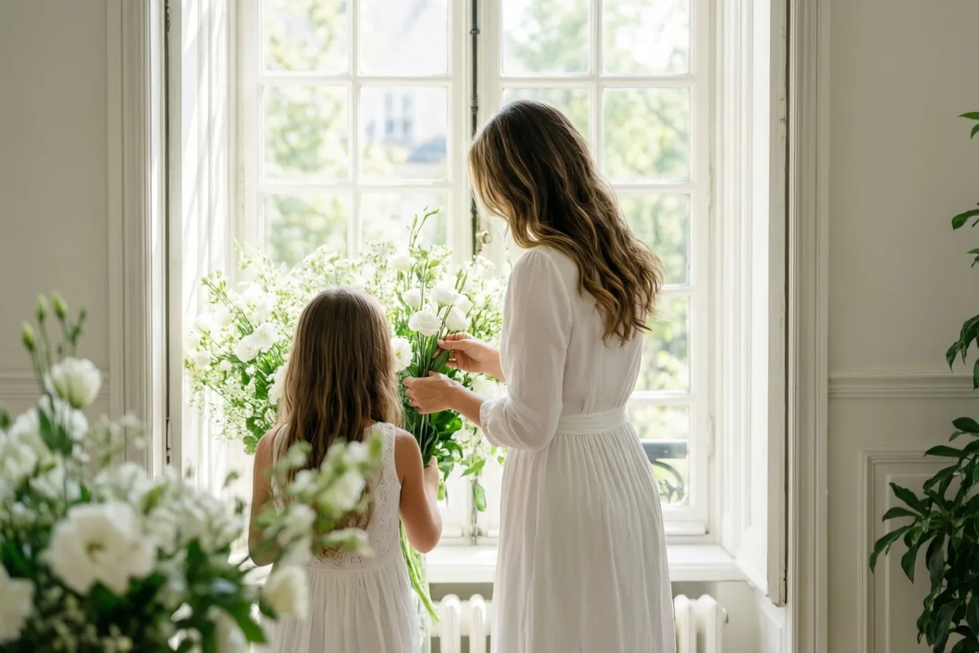 Een moeder en dochter schikken, van achteren gezien, witte bloemen bij een groot raam in een lichte, elegante kamer met overwegend witte en groene tinten.
