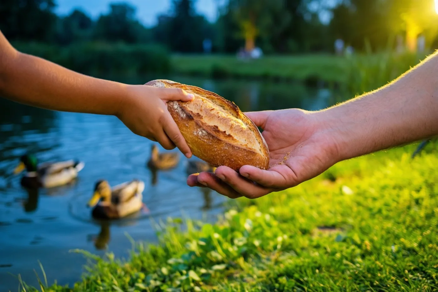 Een kleine en een grote hand houden samen een brood boven een vijver met zwemmende eenden, in een park met groen gras en bomen in het gouden avondlicht.