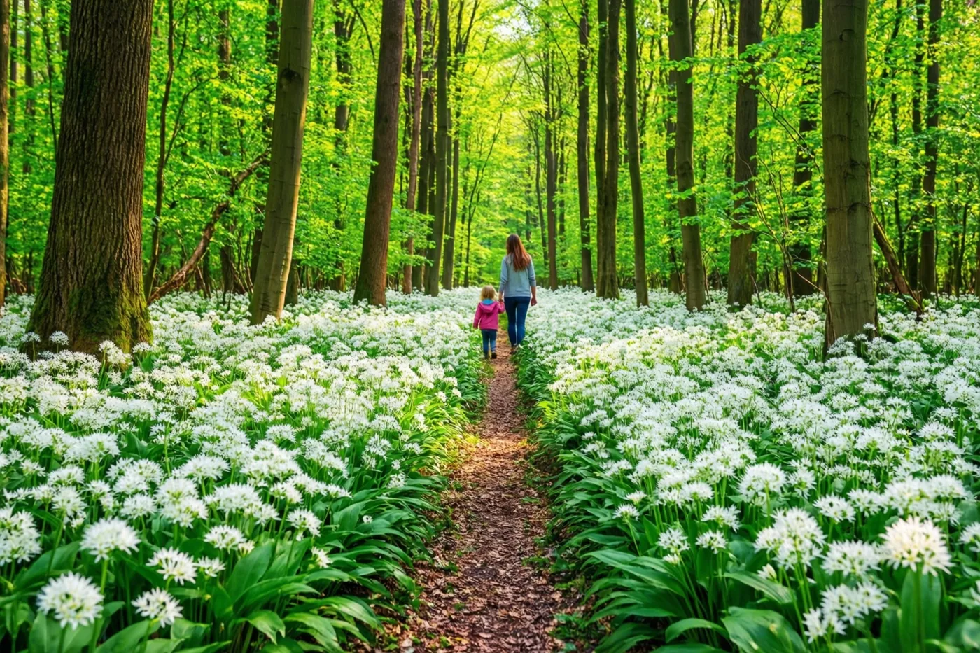 Een moeder en klein kind wandelen hand in hand over een pad met witte daslookbloemen in een zonnig groen bos met hoge bomen.