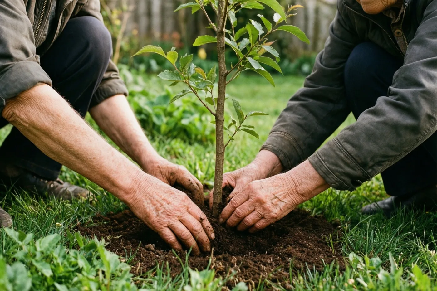Twee oudere mensen planten samen een jonge boom in een groene tuin, met aarde aan hun handen.