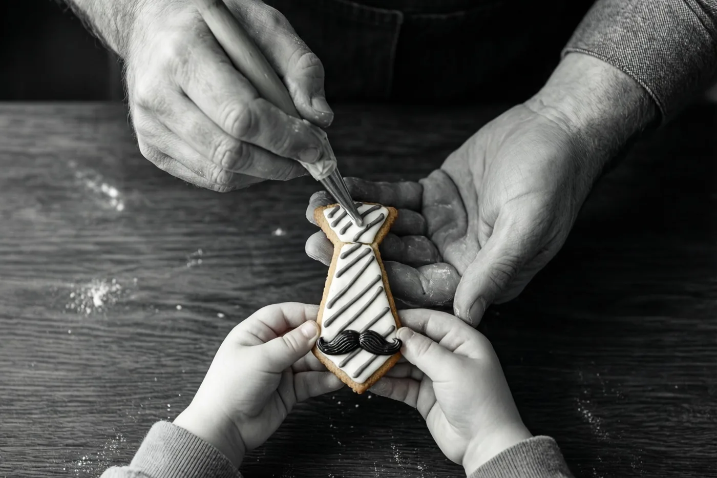Een zwart-witfoto toont volwassen handen die een daskoekje met glazuur versieren terwijl kinderhanden het vasthouden boven een donkere houten tafel met bloem.
