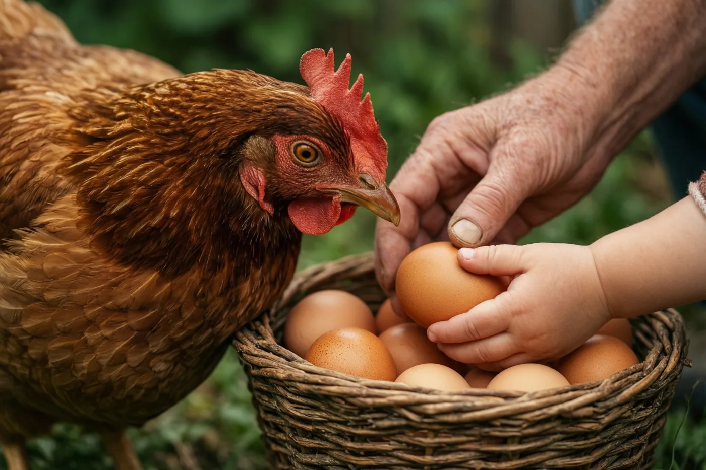 Een bruine kip staat naast een rieten mand met bruine eieren terwijl een volwassen hand en een kinderhand samen een ei vasthouden, buiten in een groene omgeving.