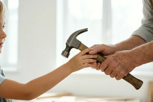 Een volwassen hand begeleidt een kinderhand bij het vasthouden van een hamer in een lichte binnenruimte.
