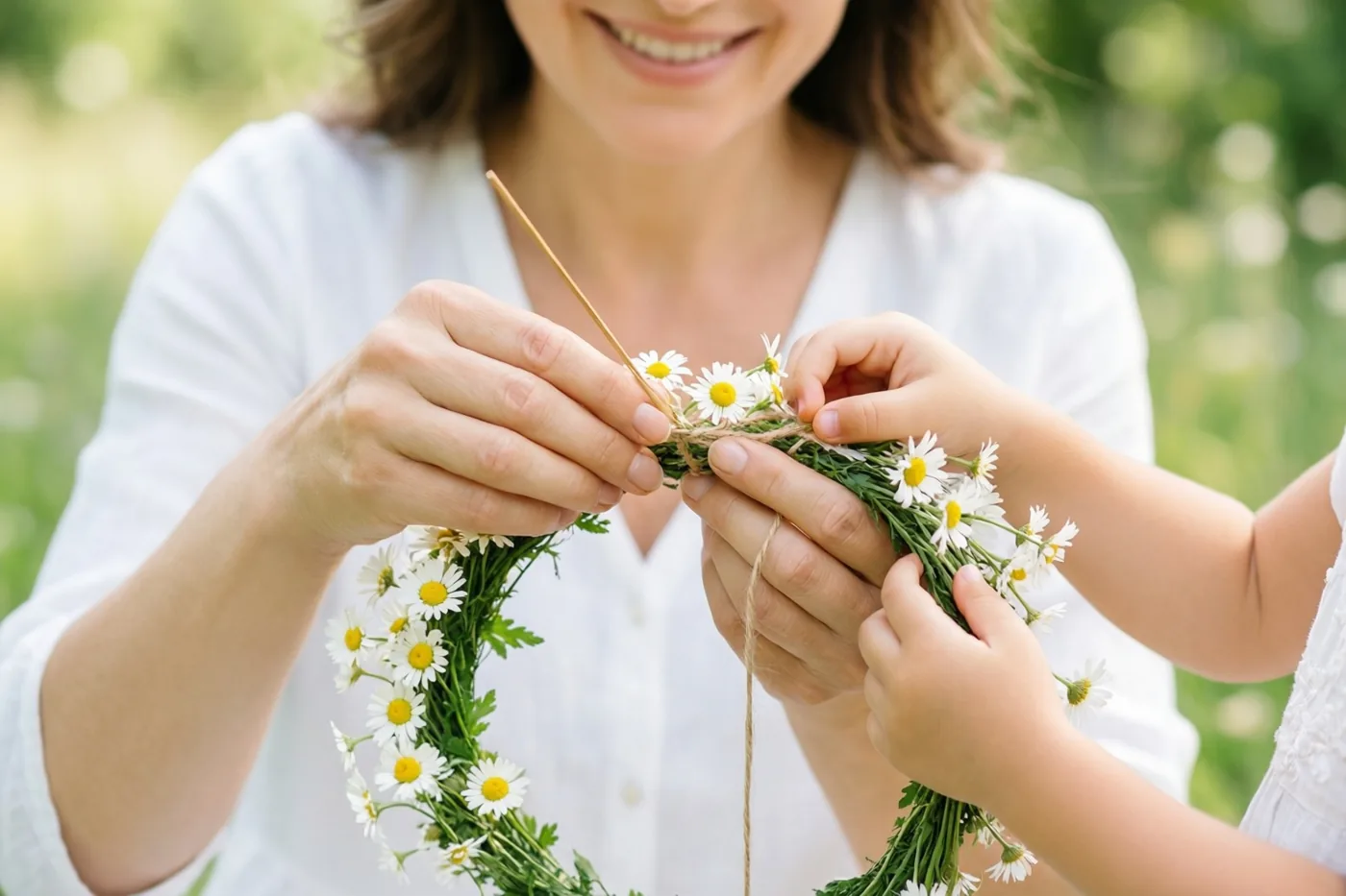 De handen van een moeder en een kind vlechten buiten samen een kroon van witte madeliefjes met gele hartjes en groene stelen.
