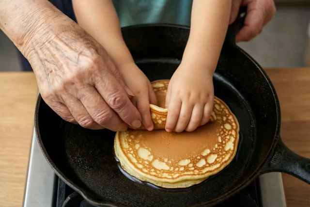Opa helpt de pannenkoek keren