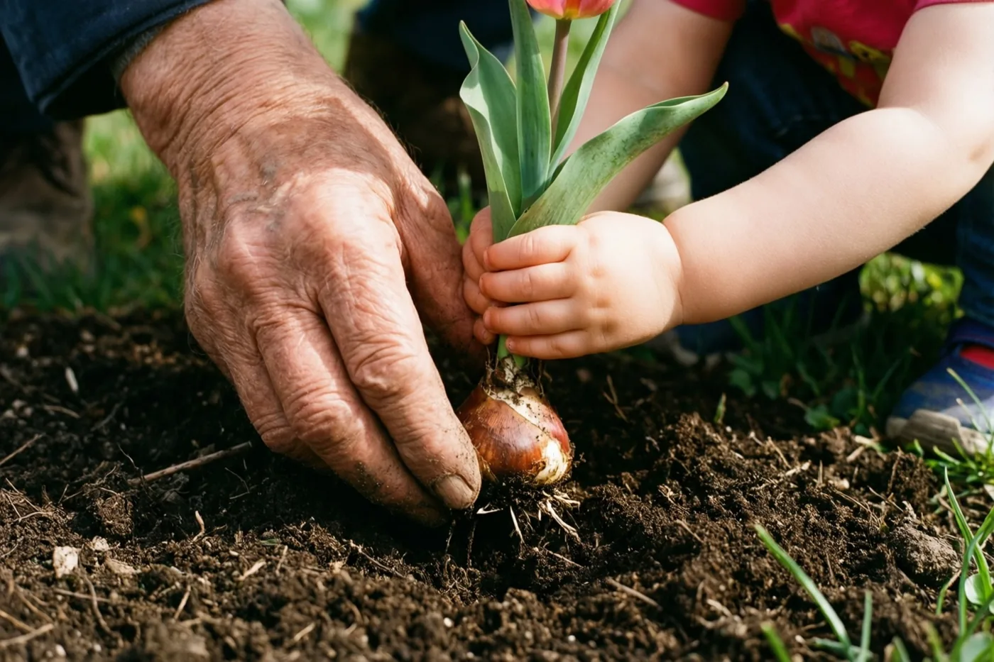 Een verweerde hand van een oudere persoon en een peuterhand planten samen een tulpenbol in donkere aarde, met groen gras op de achtergrond.