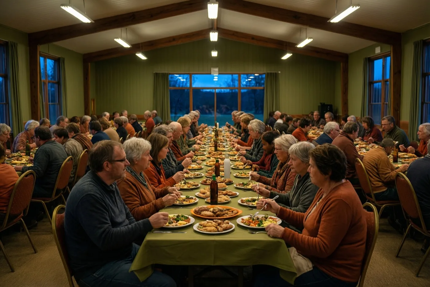 Mensen eten samen aan een lange tafel in een houten zaal met groene muren en houten balken.