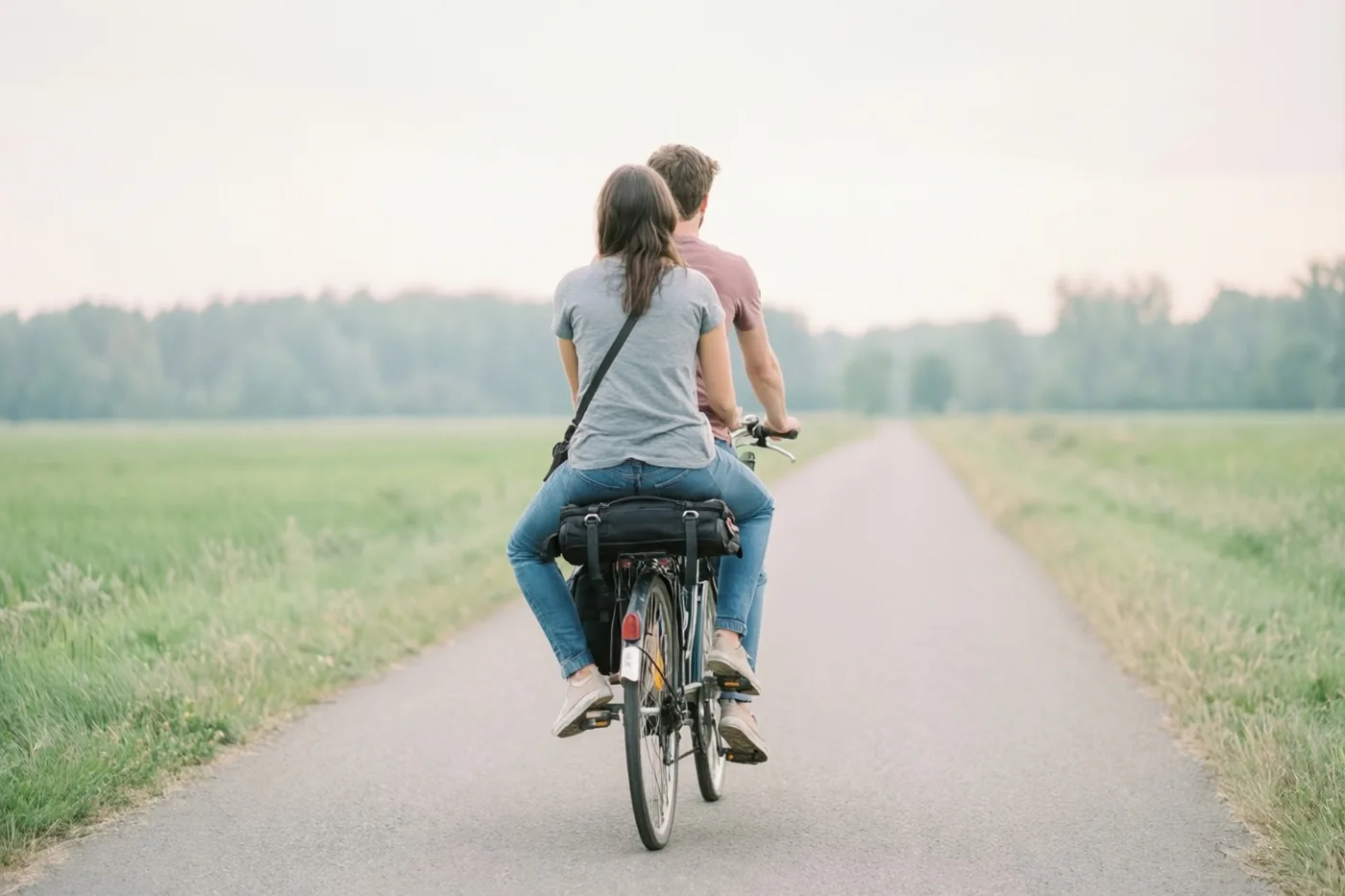 Twee mensen rijden samen op een fiets over een verhard pad door een groen veld, van achteren gezien onder een wazige hemel met bomen in de verte.