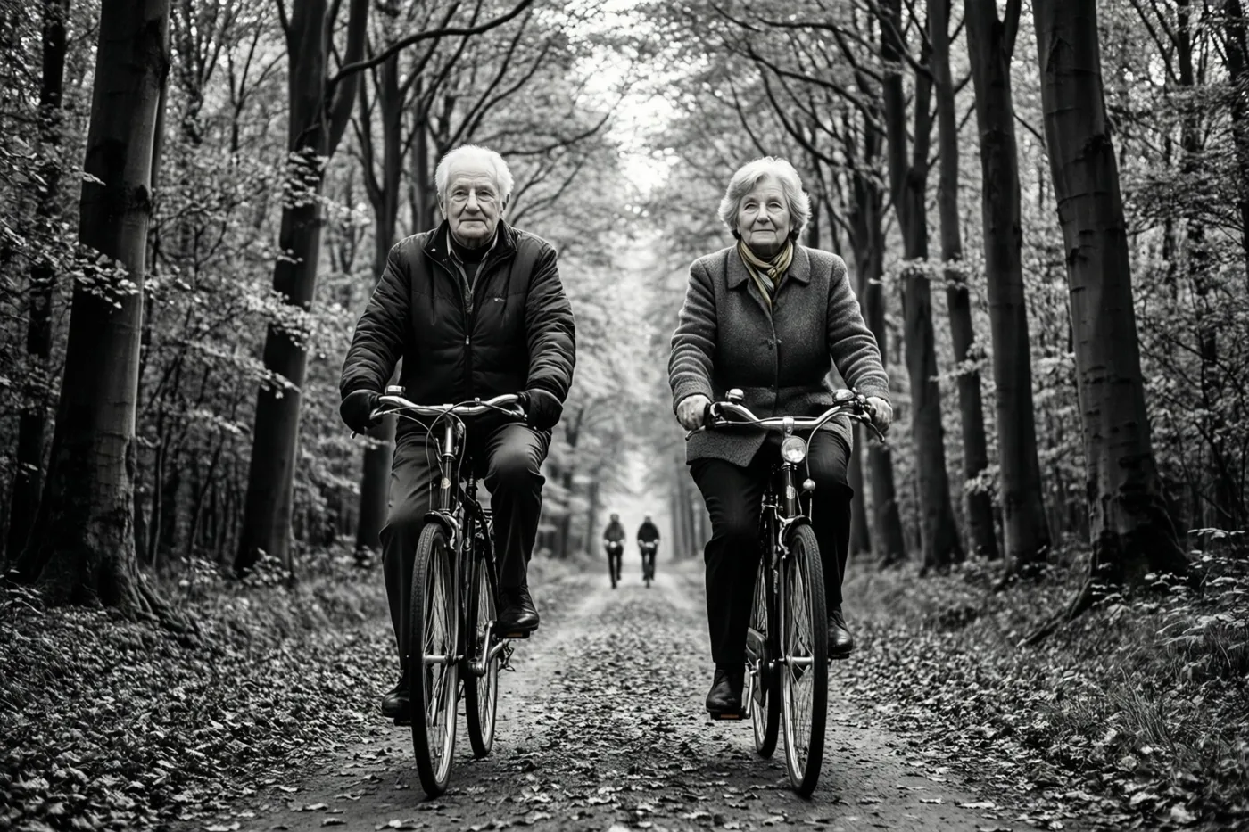 Een zwart-witfoto toont een ouder koppel dat naast elkaar fietst over een bospad met hoge bomen.