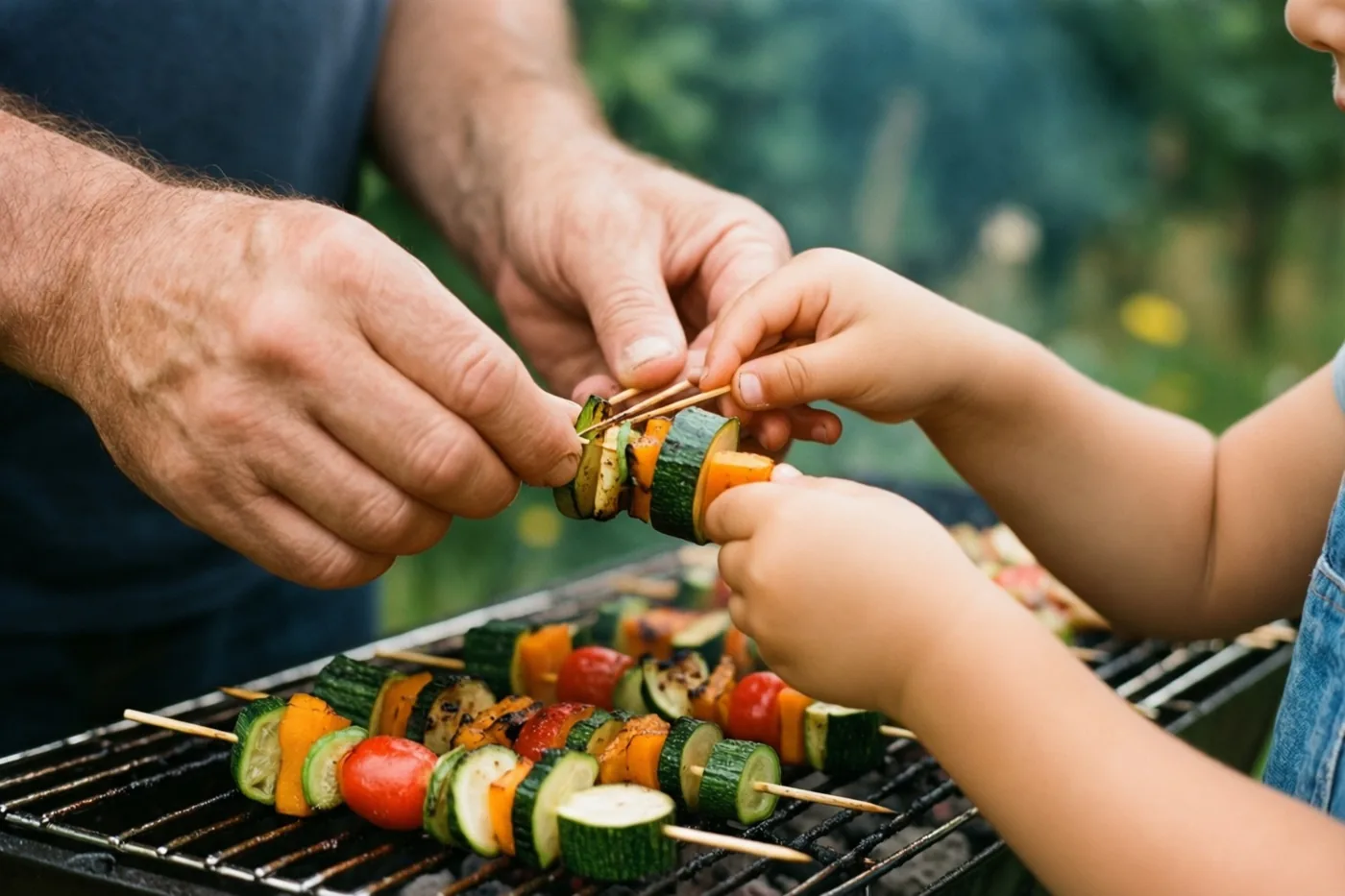 Volwassen handen en kinderhanden rijgen samen gesneden groenten aan houten spiesen boven een barbecue, met wazig groen op de achtergrond.