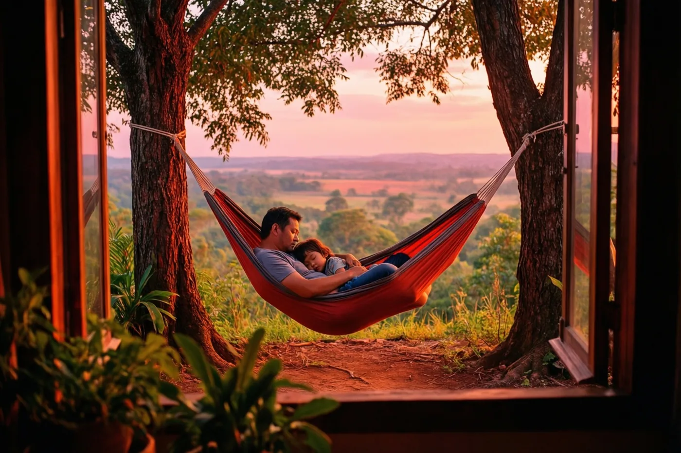 Door een raam zijn een vader en kind te zien die samen slapen in een rode hangmat tussen twee bomen, met een landschap in warme zonsondergangskleuren erachter.