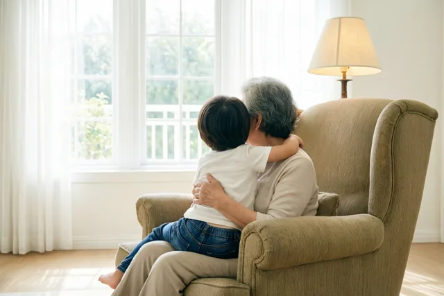 Een klein kind met donker haar kruipt van achteren gezien tegen een oudere persoon met grijs haar aan in een grote beige fauteuil, in een zonnige kamer met grote ramen en een brandende lamp.