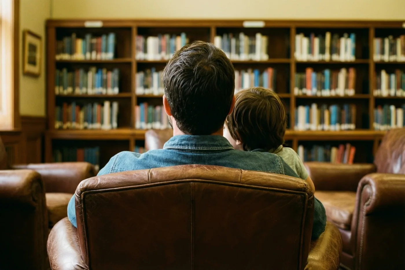 Een vader en kind zitten met hun rug naar de kijker in bruine leren fauteuils in een gezellige bibliotheek met houten kasten vol boeken op de achtergrond.