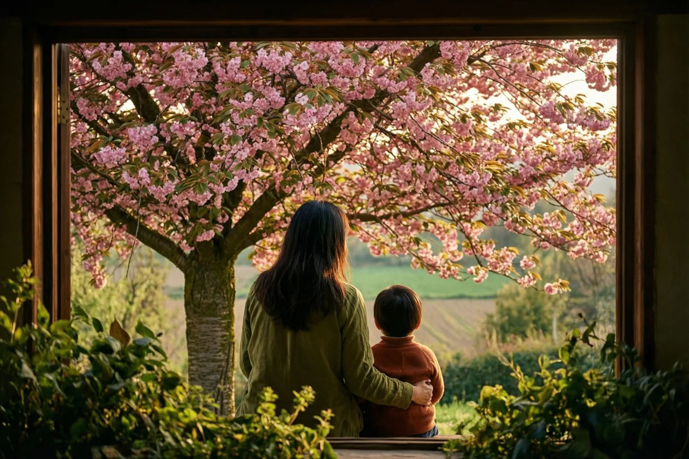 Een moeder en kind zitten van achteren gezien samen bij een raam met een houten kozijn en kijken naar een kersenboom vol roze bloesems in warm licht.