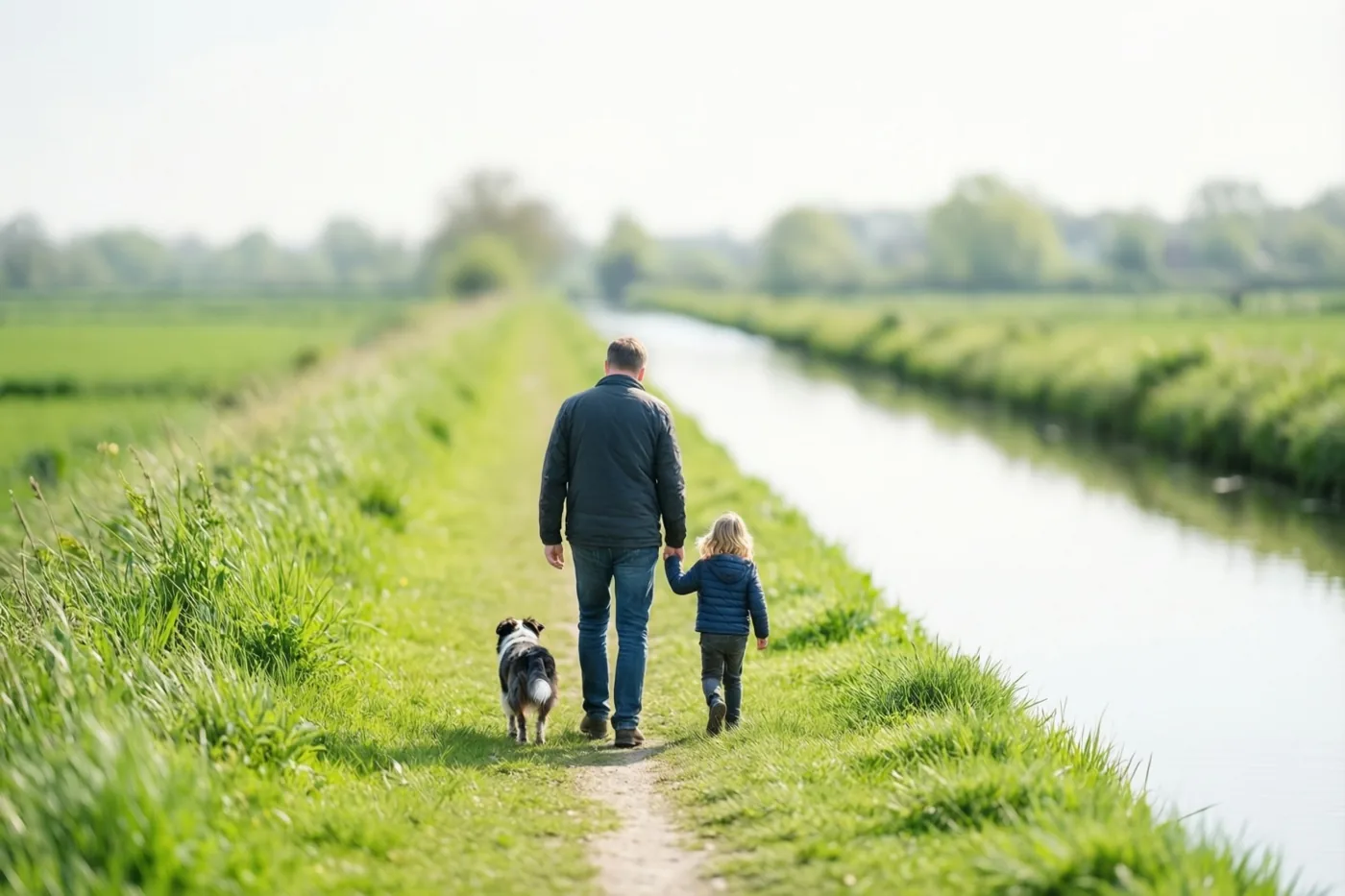 Een vader en kind wandelen hand in hand met een hond over een smal jaagpad langs een rustig kanaal, in een uitgestrekt vlak landschap met felgroen gras bij helder daglicht.