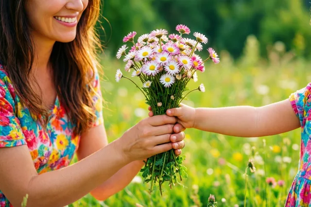 Een moeder en kind houden samen een klein boeket madeliefjes vast in een zonnig grasveld, met groen, roze en geel in de bloemen en kleding.