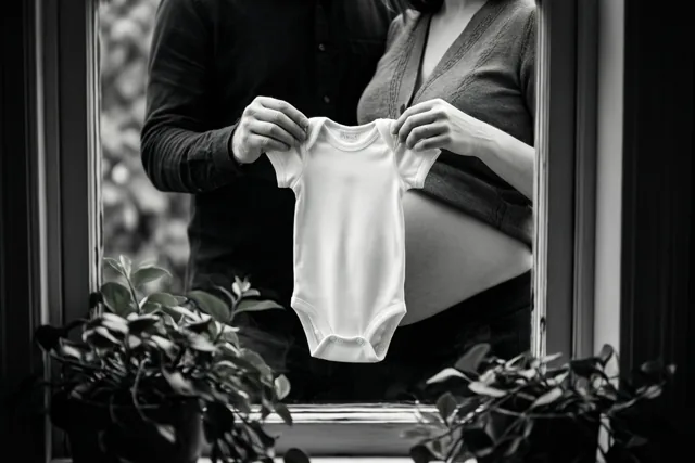 Een man en een zwangere vrouw houden samen een klein wit babypakje voor haar buik, bij een raam met potplanten aan weerszijden op een zwart-witfoto.