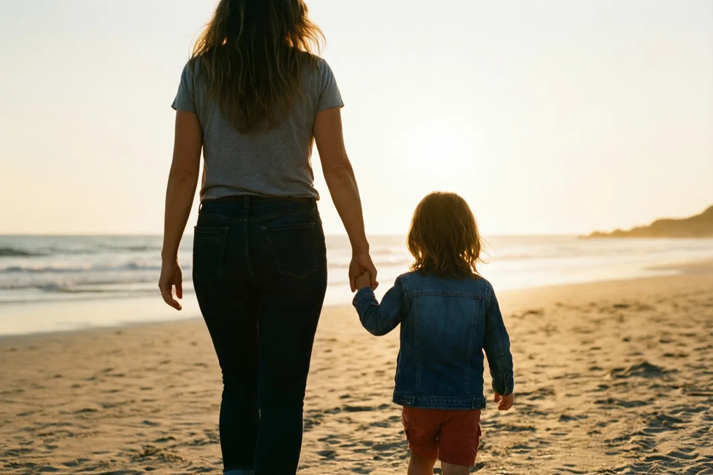 Een moeder in een grijs shirt en donkere jeans wandelt hand in hand met een kind in een jeansjas en rode short naar de zee bij zonsondergang, van op de rug gezien.