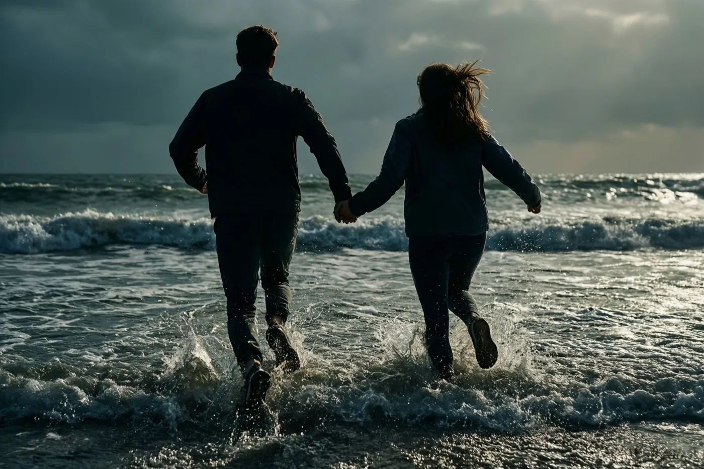 Twee mensen lopen hand in hand vanaf de waterlijn de zee in, gezien van achteren onder een bewolkte hemel in donkerblauwe en grijze tinten.