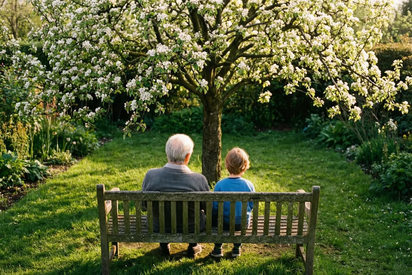 Een oudere persoon en een jong kind zitten met hun rug naar de kijker op een houten bank onder een grote boom met witte bloesems in een groene tuin.