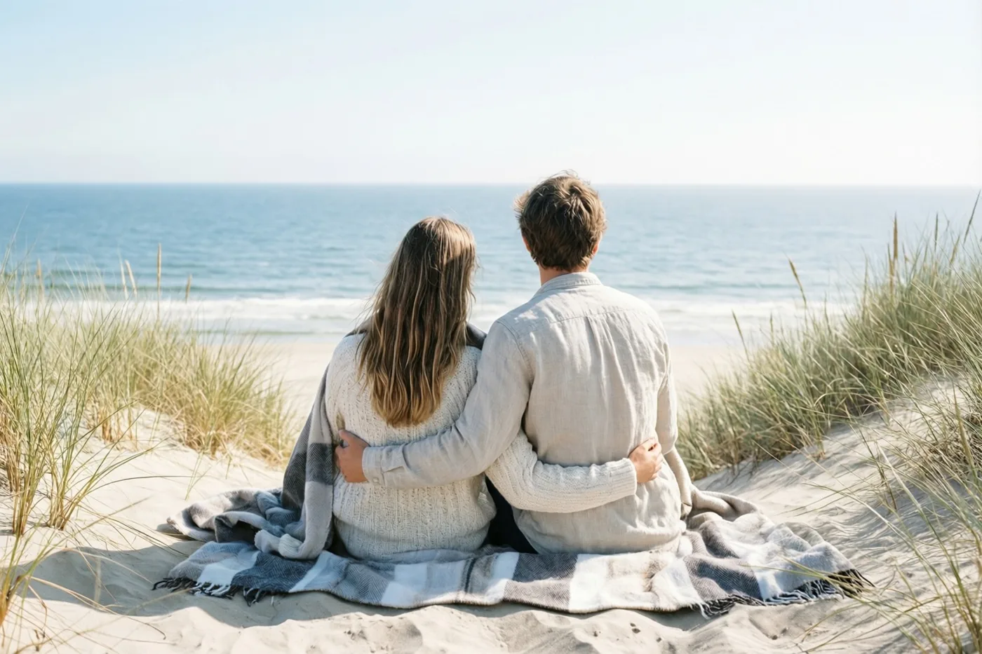 Twee mensen zitten met hun rug naar de camera op een deken in de duinen, met een kalme blauwe zee en een bleke hemel voor zich.