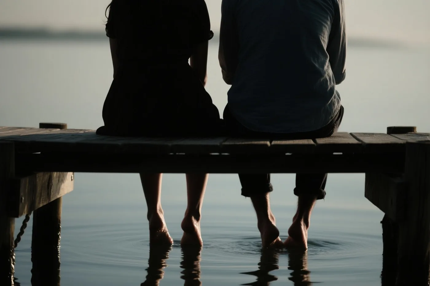 Twee mensen zitten met hun rug naar de kijker op een houten steiger met hun blote voeten in rustig water, in zachte blauwe en grijze tinten.