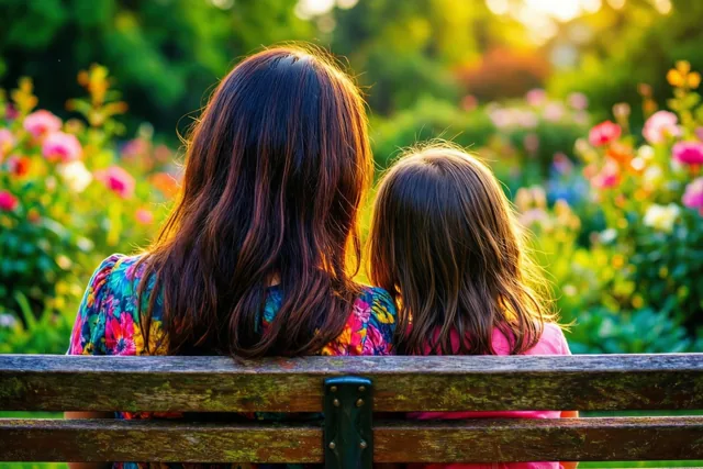 Een moeder en dochter zitten met hun rug naar de camera dicht bij elkaar op een verweerde houten tuinbank in goudkleurig zonlicht, met onscherpe bloemen en groen achter hen.