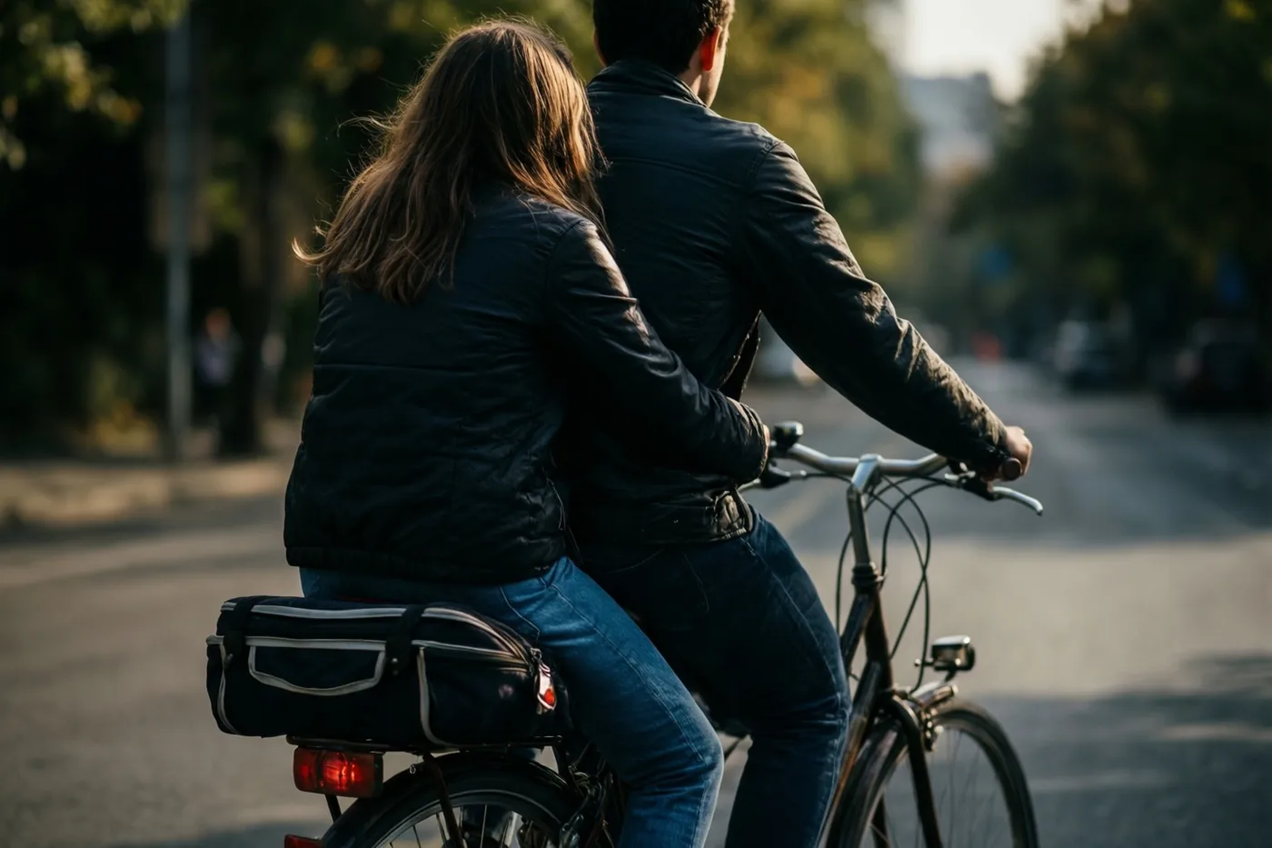 Twee mensen rijden samen op een fiets door een straat met bomen, met één persoon op de bagagedrager, van achteren gezien in warm goudkleurig licht.
