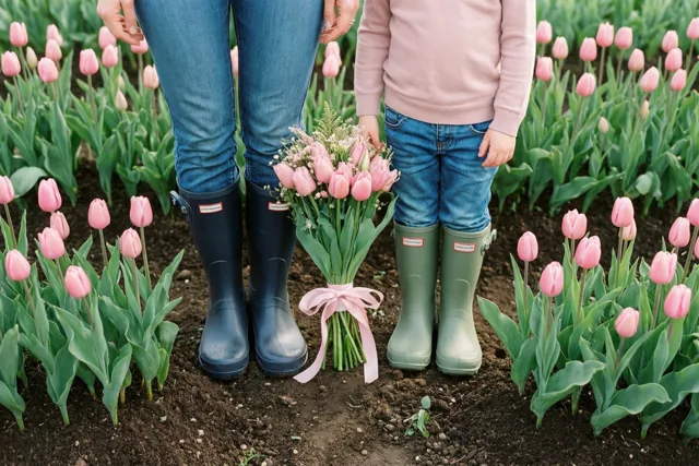 Met mama tussen roze tulpen