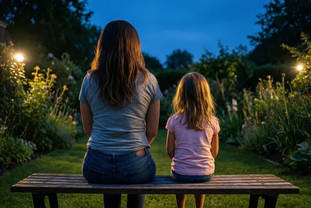 Een moeder en dochter zitten met hun rug naar de camera naast elkaar op een houten tuinbank bij schemering, omringd door warm verlicht groen.