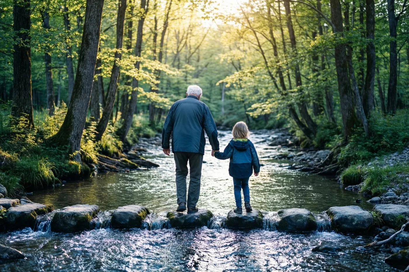 Een oudere man en een jong kind stappen hand in hand over bemoste stenen in een ondiepe beek, van achteren gezien in een bos met goudkleurig zonlicht.