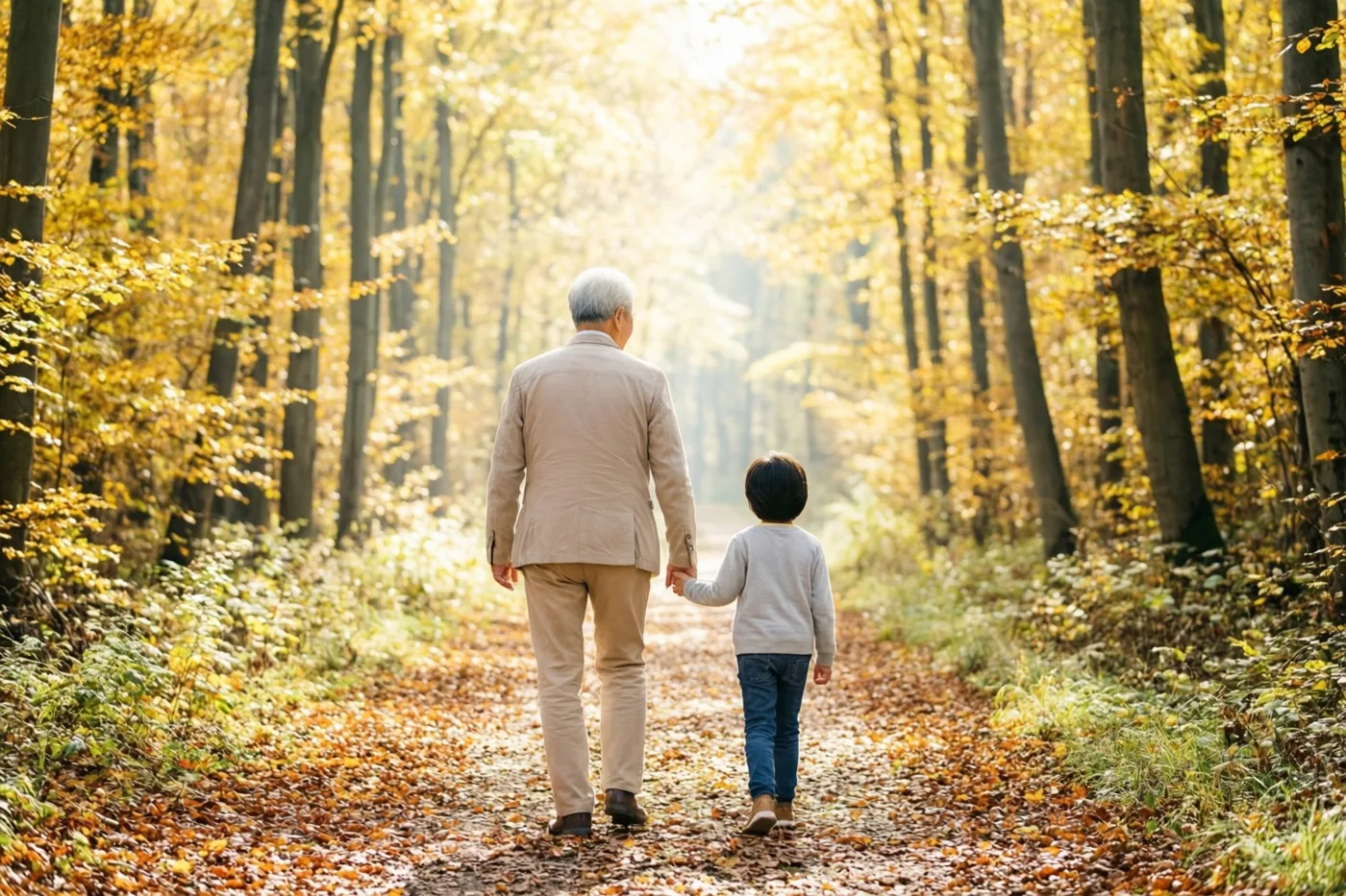 Een oudere man en een klein kind wandelen hand in hand over een bospad vol gevallen bladeren, met warm goudkleurig herfstlicht tussen de hoge bomen.