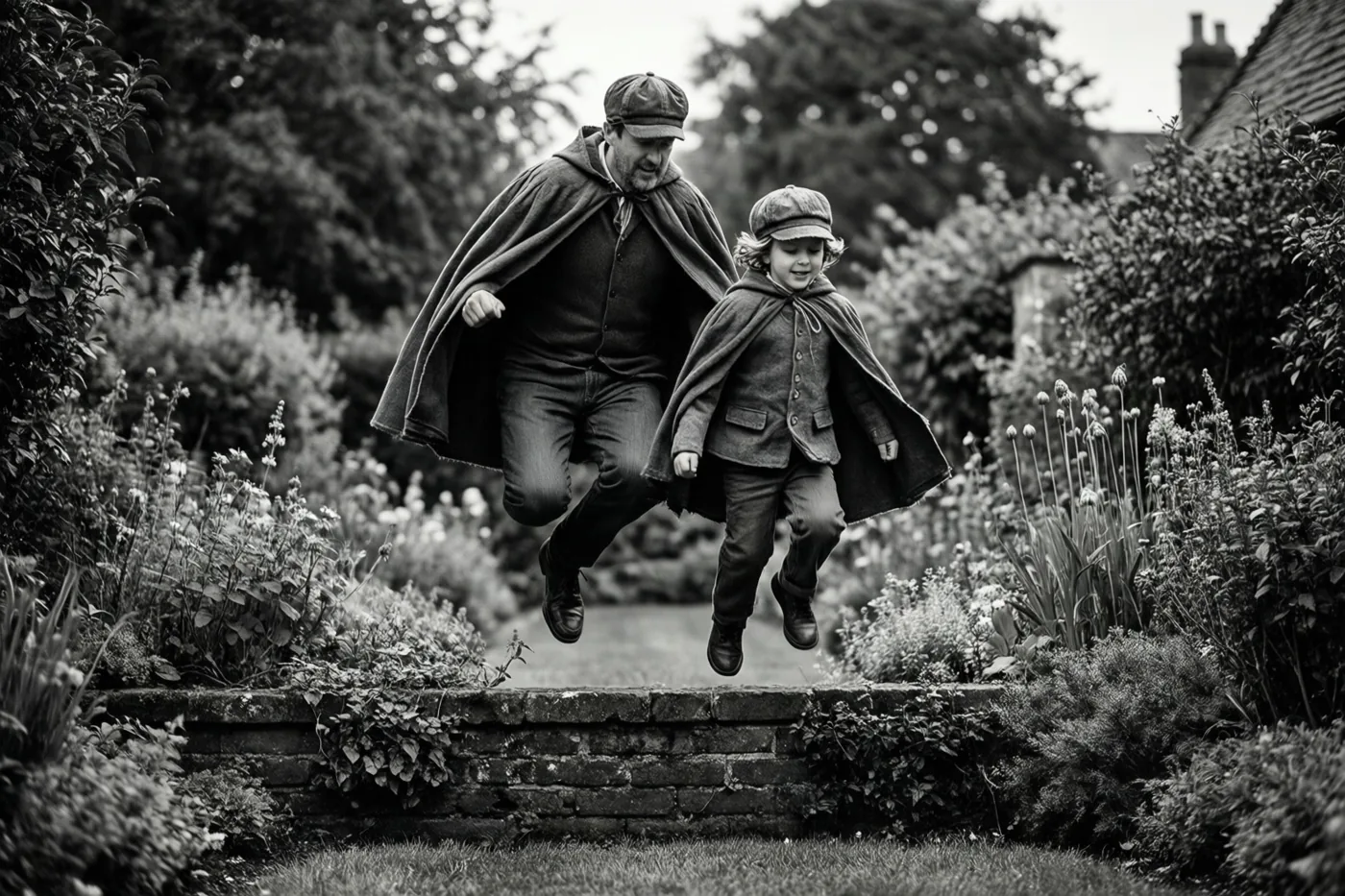 Op een zwart-witfoto springen een vader en een kind met gelijke zelfgemaakte capes en petten over een laag bakstenen muurtje in een weelderige tuin.