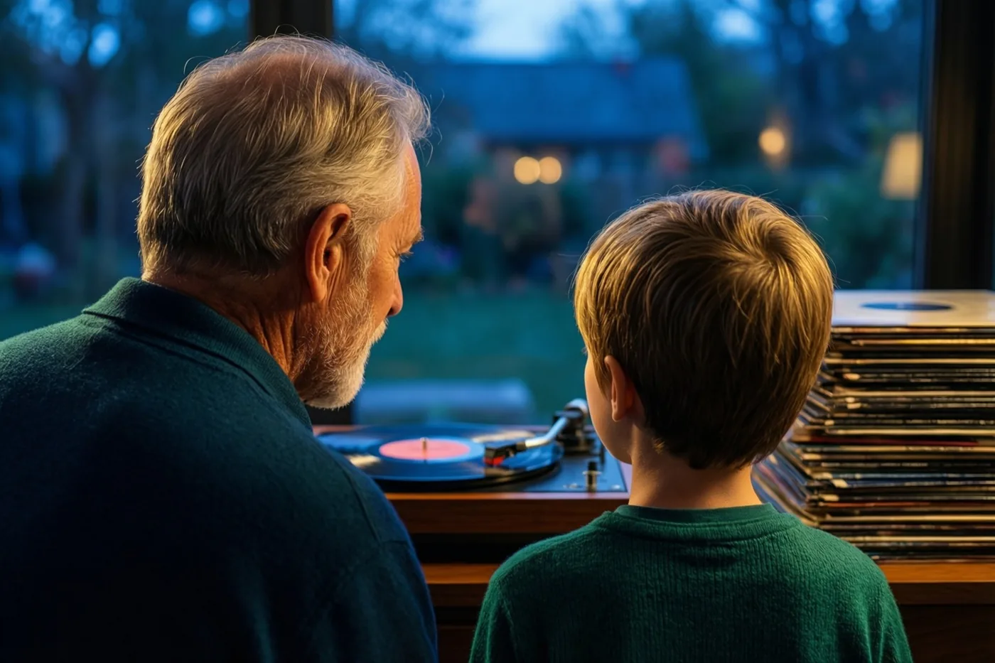 Een oudere man en een jonge jongen zitten met hun rug naar de kijker bij een platenspeler naast een raam met blauw avondlicht, met een stapel platen ernaast en warme binnenverlichting.