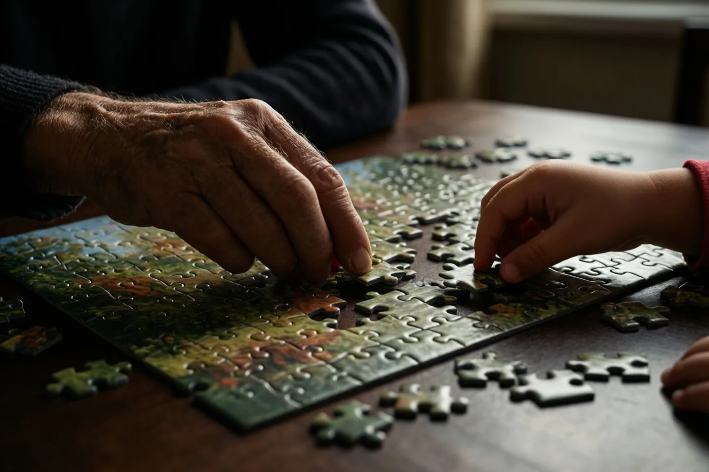 Een oudere persoon en een kind leggen samen een legpuzzel op een houten eettafel in warm licht.