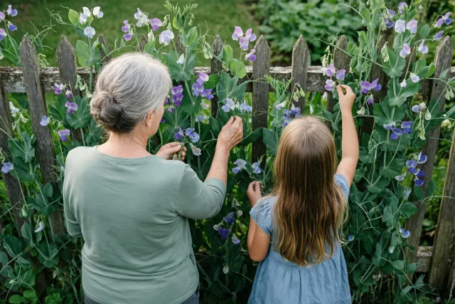 Een grootmoeder en haar kleindochter reiken van achteren gezien naar reukerwten langs een houten tuinomheining, in zacht zomerlicht met groene en paarse tinten.