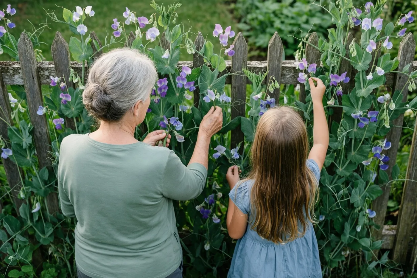 Een grootmoeder en haar kleindochter reiken van achteren gezien naar reukerwten langs een houten tuinomheining, in zacht zomerlicht met groene en paarse tinten.