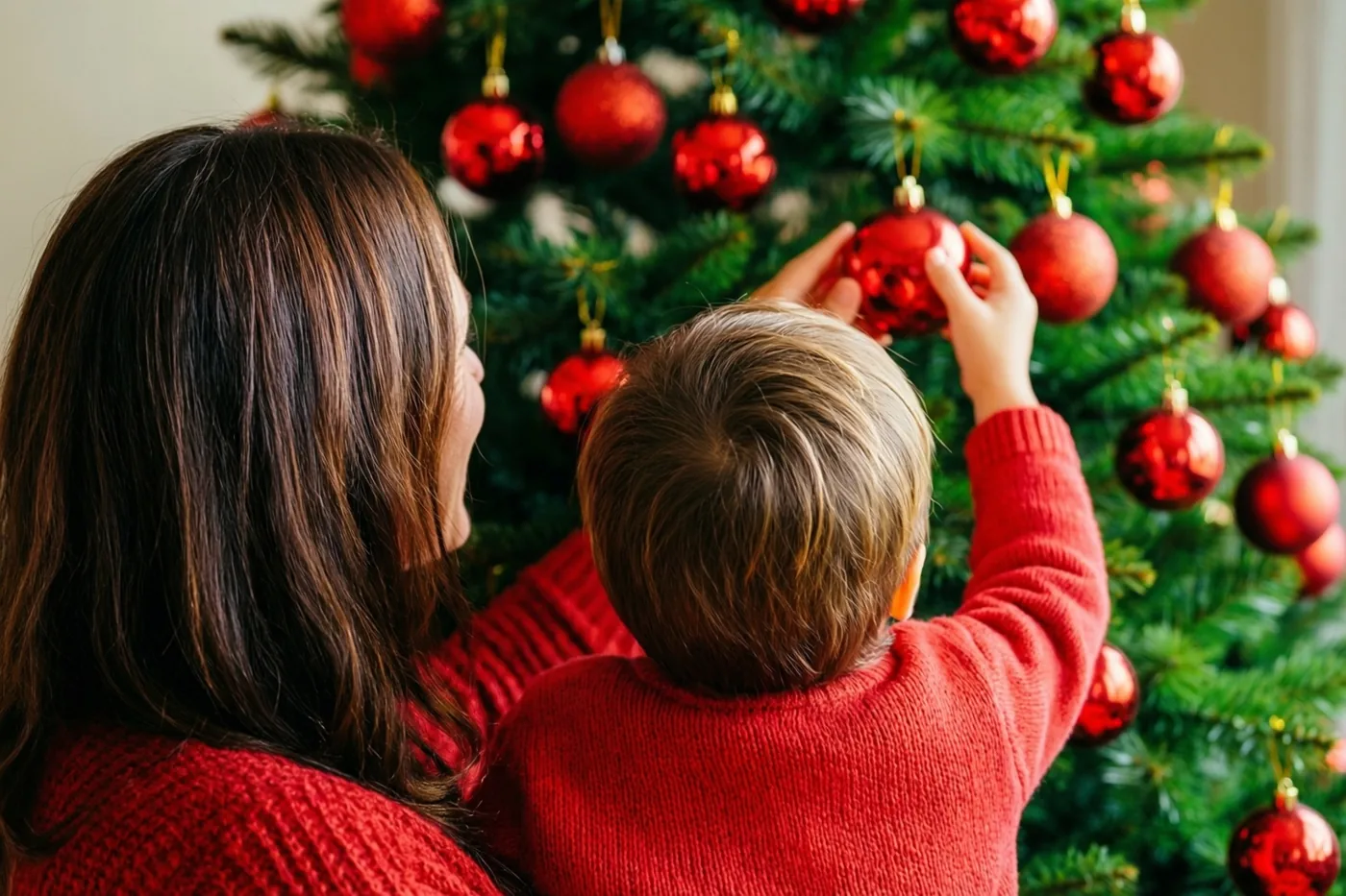 Een ouder en een klein kind hangen samen rode kerstballen in een kerstboom, van achteren gezien in een beeld met vooral rood en groen.