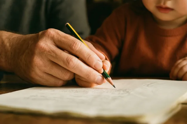 Een volwassen hand begeleidt een kinderhand met een potlood boven een gelijnd schrift in warm licht met bruine, groene en crèmekleurige tinten.