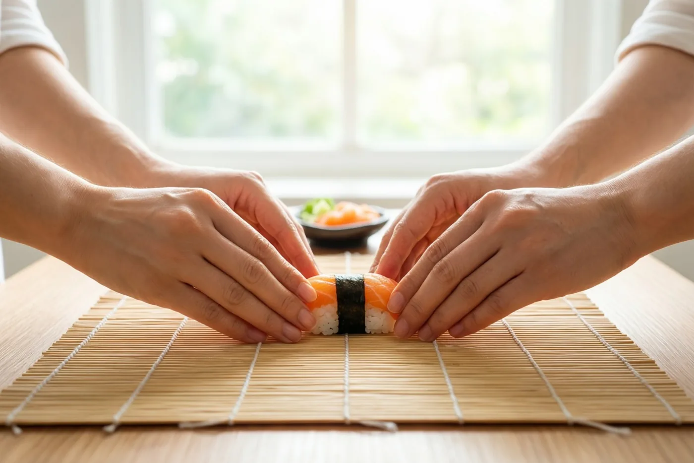 Twee paar handen drukken samen voorzichtig een stukje zalmsushi aan op een bamboemat bij een helder raam.