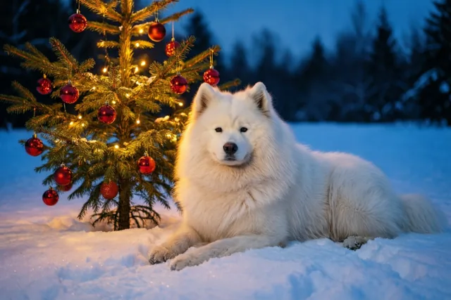 Samojeed onder de kerstlichtjes