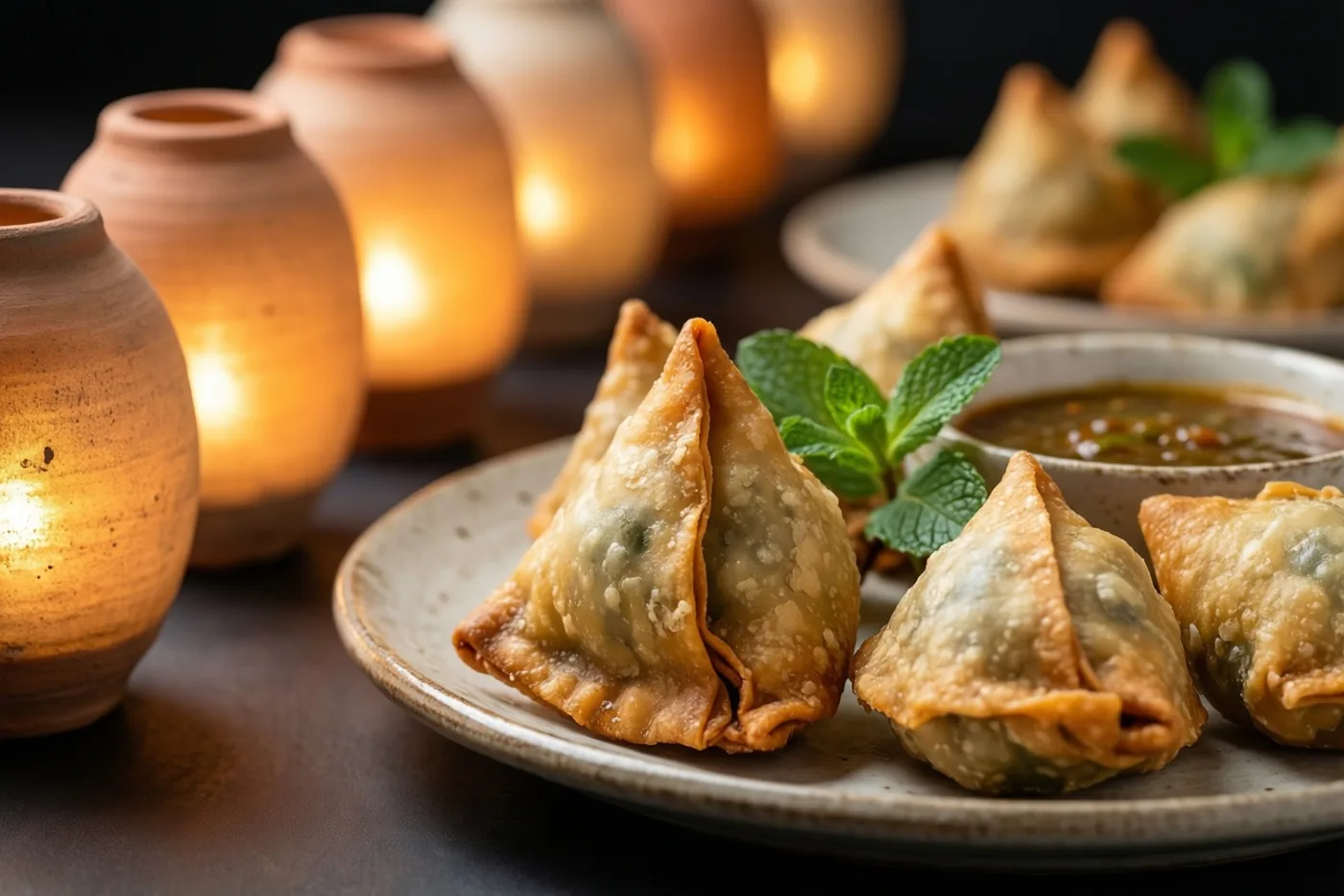 Krokante samosa's en muntchutney liggen op een keramieken bord naast een rij brandende kleilampjes tegen een donkere achtergrond.