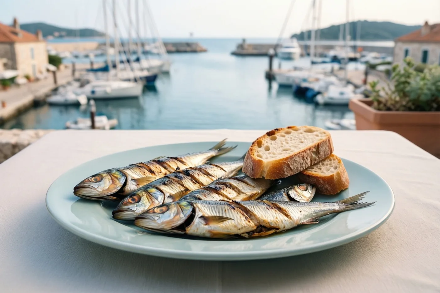 Een bord gegrilde sardines en krokant brood staat op een tafelkleed op een terras, met een haven, boten en gebouwen op de achtergrond in zacht daglicht.