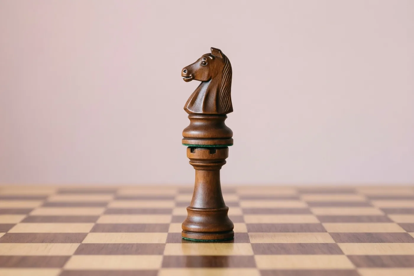 Een houten schaakpaard staat rechtop op een houten schaakbord tegen een effen zachtroze achtergrond.