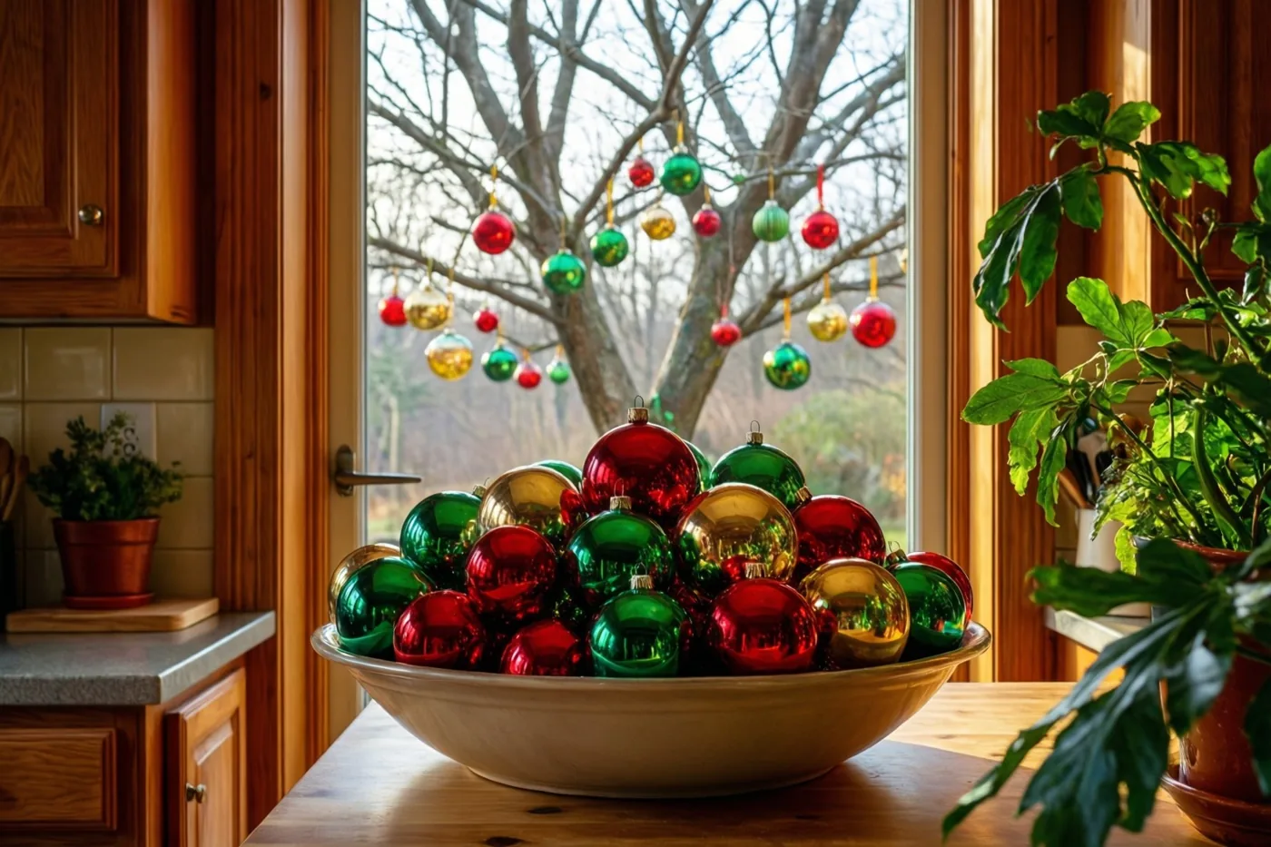 Een grote schaal met rode, groene en gouden glazen kerstballen staat op een houten keukenwerkblad, voor een raam waarachter een kale boom met hangende versiering staat.
