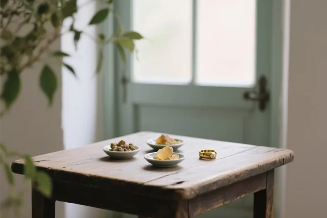 Drie kleine witte schaaltjes met wierookhars, mirre en een gouden ring staan op een ruwe houten tafel in zacht licht van een raam erachter.