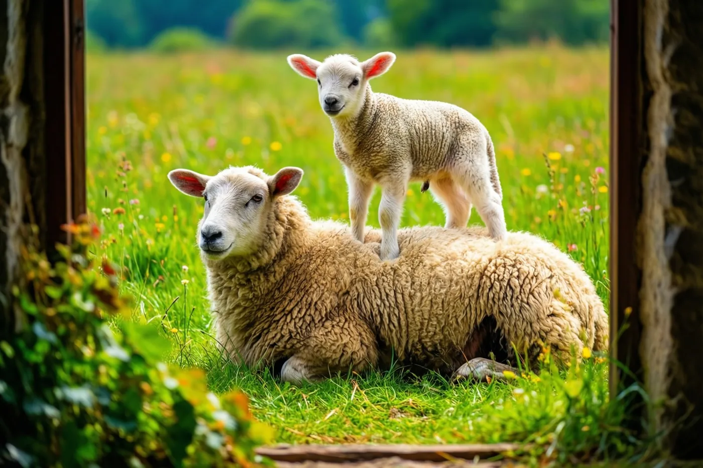 Door een rustiek houten kader zijn een liggende ooi en een lammetje op haar rug te zien, met een groene wei en wazige veldbloemen en bomen erachter.